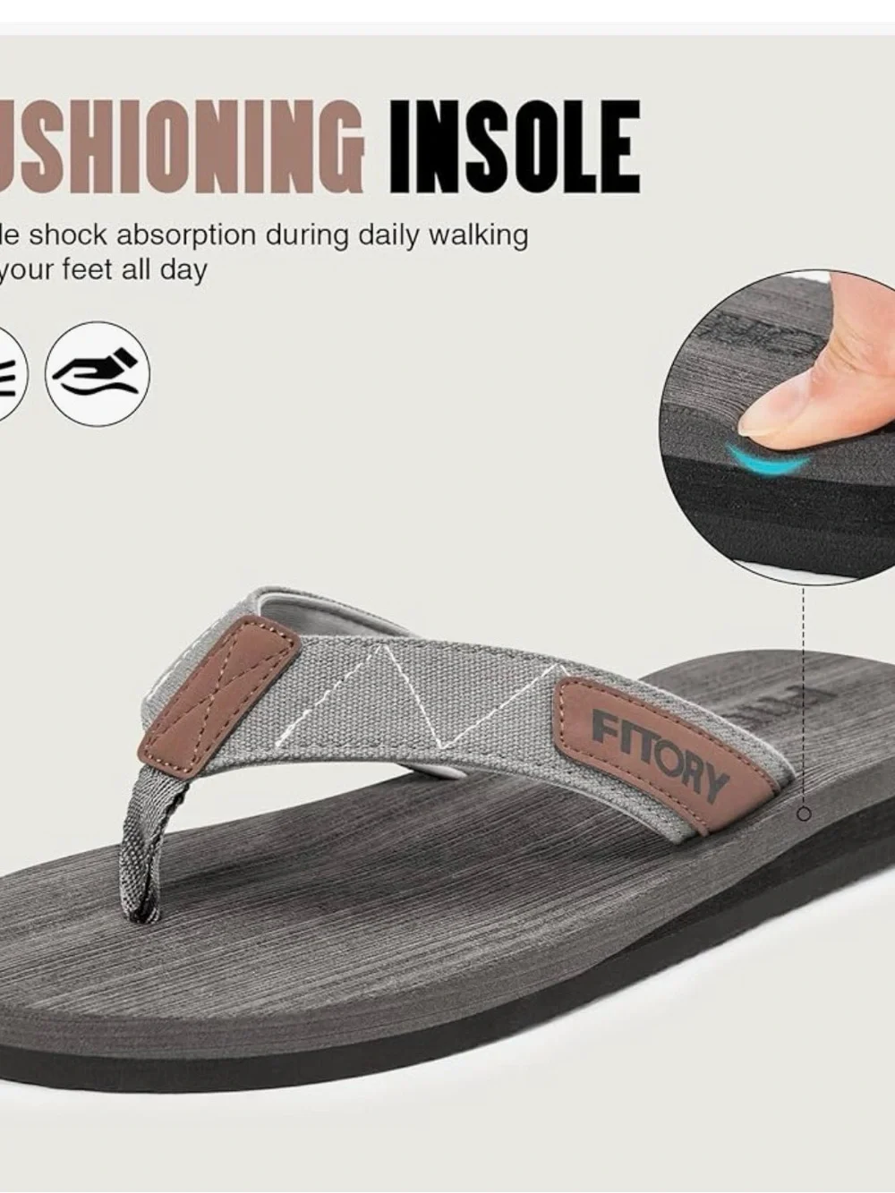 Fitory Men's Gray Tan Flip Flop Sandals NWOT Size Men 8 / Women 10 Arch Cushion